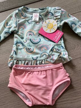 Ruffle Butts two piece long sleeve chase the rainbow ruffle tankini 3-6m NWT
